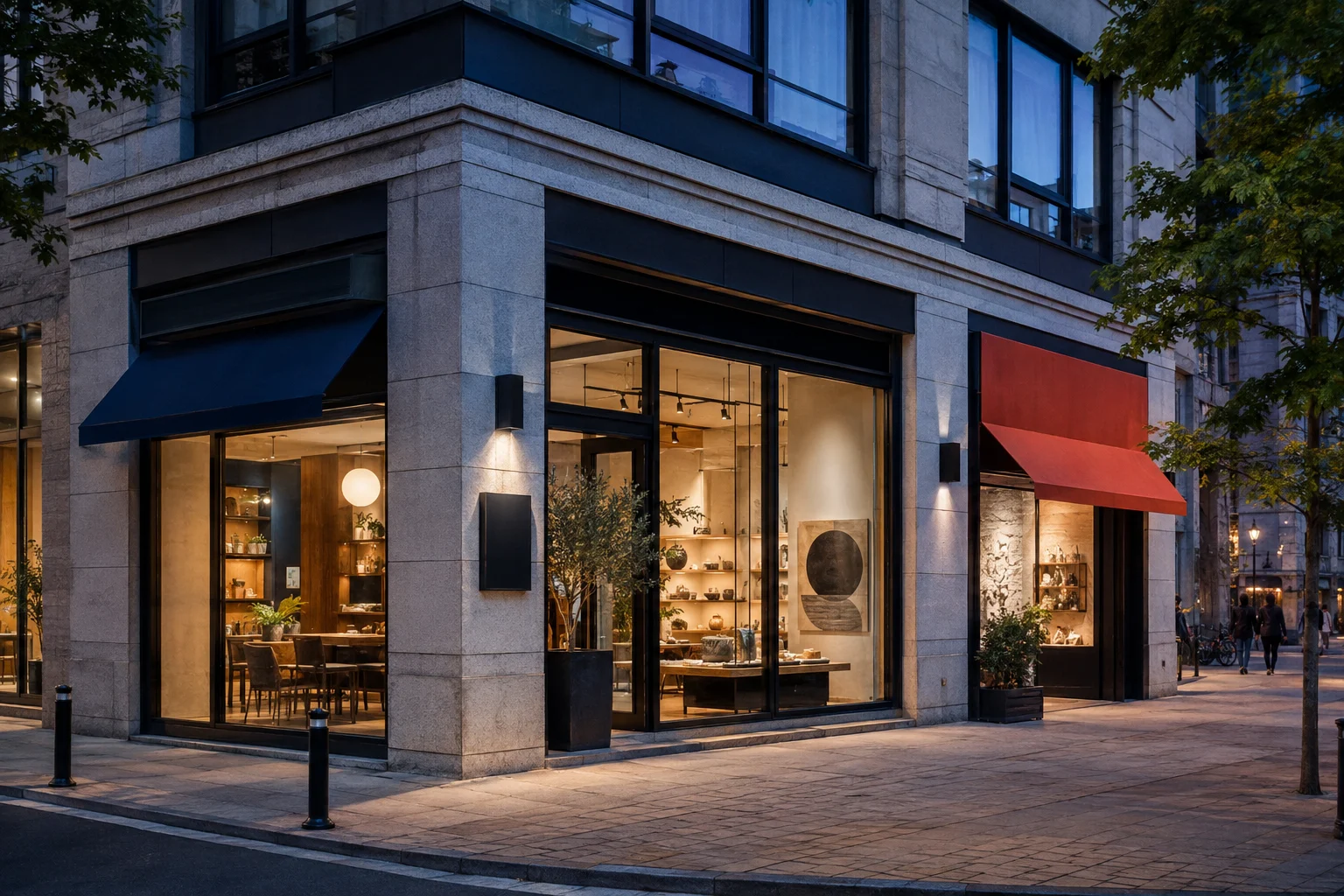 Three contemporary storefronts illuminated at blue hour